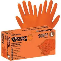 Panther-Guard® - Industrial-grade disposable gloves, powder free, high_x0002_visibility orange nitrile, heavyweight 7-mil thickness. 100 gloves per box, 10 boxes per case. Sold by the case