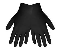 Industrial-grade disposable gloves, powder-free, black nitrile, 5-mil thickness, textured fingertips, 9.5-inches long, ambidextrous. 100 gloves per box, 10 boxes per case. Sold by the case