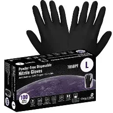 Industrial-grade disposable gloves, powder-free, black nitrile, 5-mil thickness, textured fingertips, 9.5-inches long, ambidextrous. 100 gloves per box, 10 boxes per case. Sold by the case